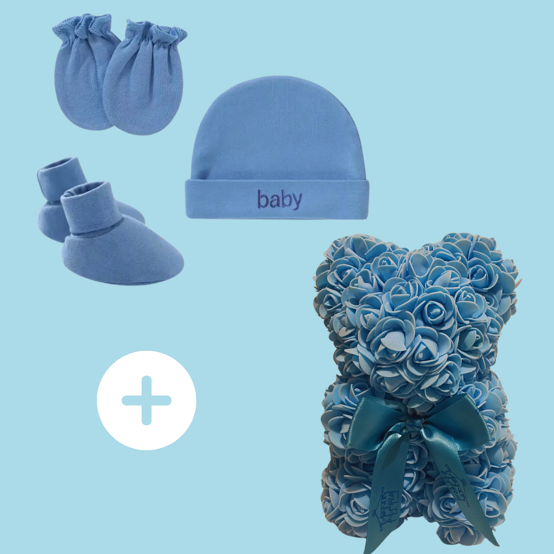 Baby boy-Coffret de naissance-Tenue de naissance+Ourson fleuri bleu