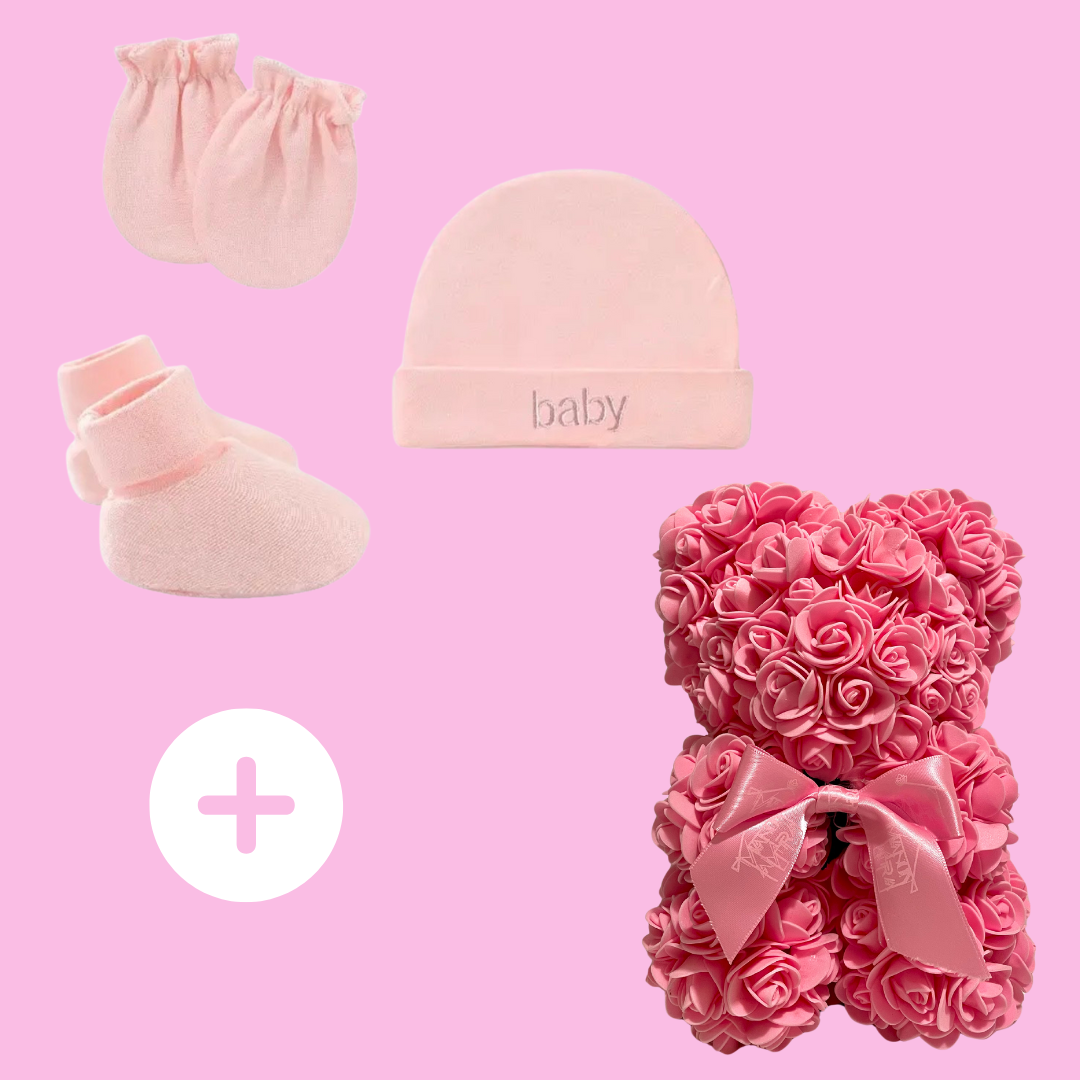 Baby girl-Coffret de naissance-Tenue de naissance+Ourson fleuri rose