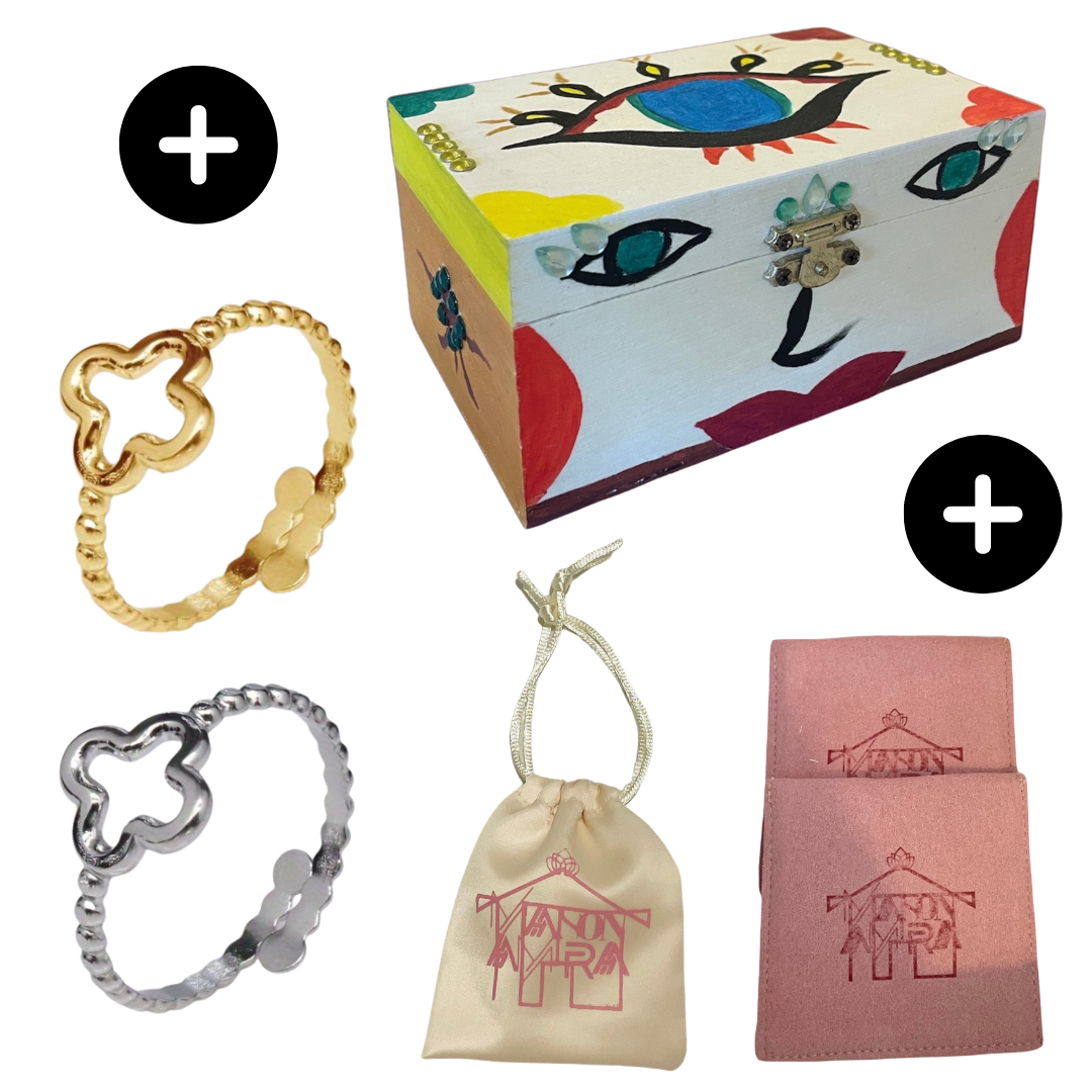 Coffret yeux de fatma-boite à bijoux+2 bagues ajustables-Bois léger-Acier inoxydable