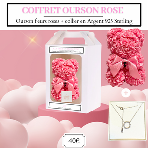Coffret ourson rose-Ourson fleuri rose-Collier en Argent 925 Sterling