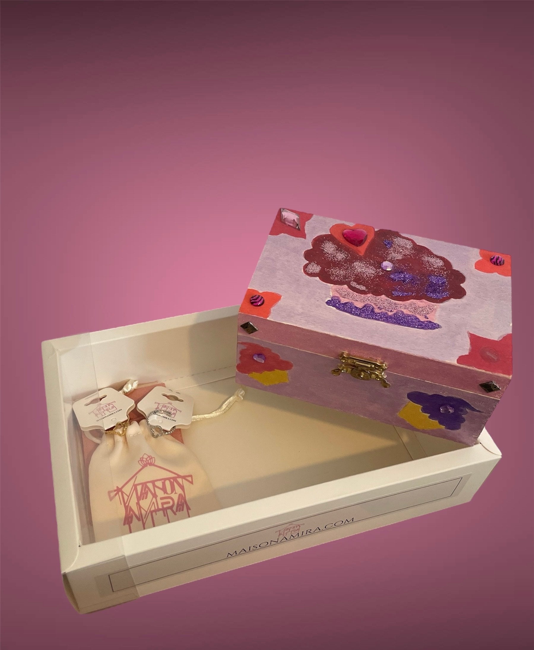 Coffret cupcakes gourmands-boite à bijoux+2 bagues ajustables-Bois léger-Acier inoxydable