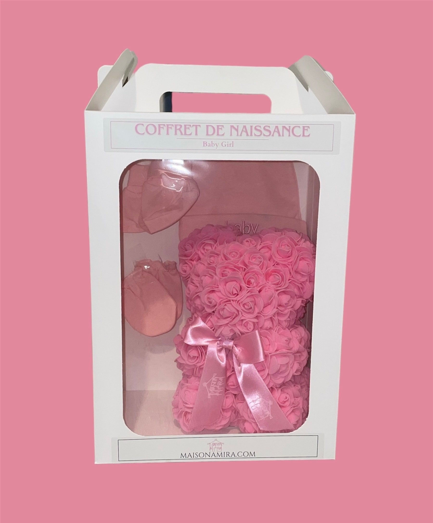 Baby girl-Coffret de naissance-Tenue de naissance+Ourson fleuri rose