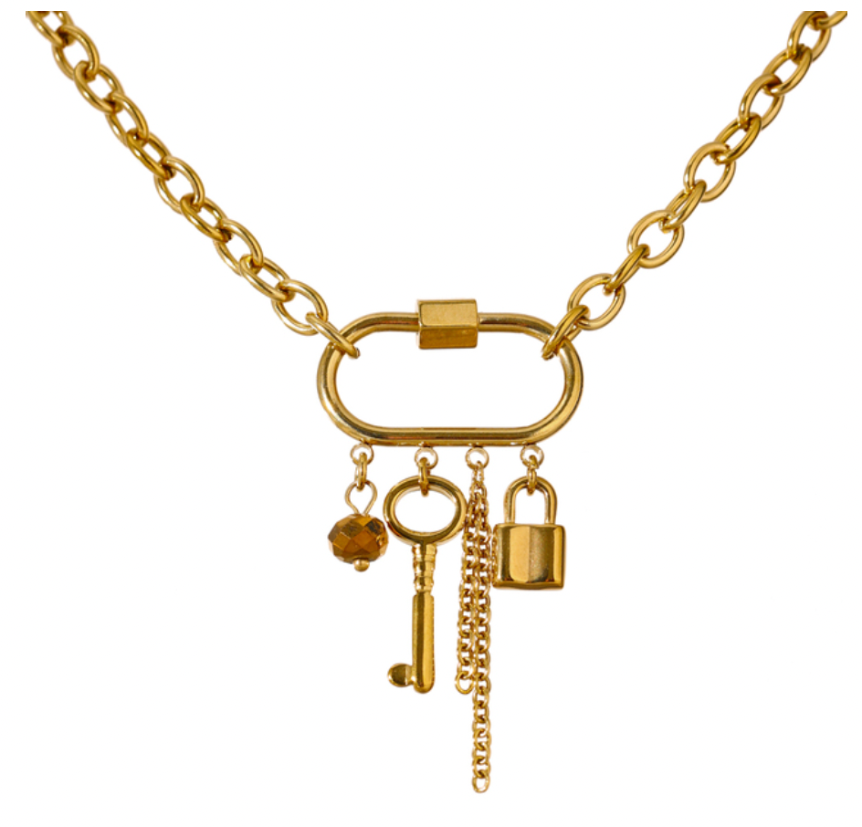 Coquette-Collier en Acier inoxydable-Breloques cadenas ,clé,perle-Plaqué or 18k